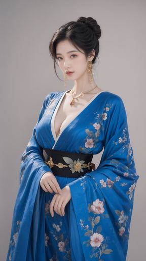 Create an original, newly composed image based on this scene description: A woman is wearing a blue kimono with flowers 