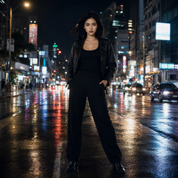 Full-body cinematic shot of a confident 27-year-old Thai woman with sharp, striking facial features and captivating, cal