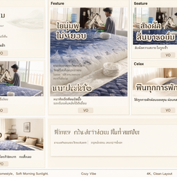 Use <image1> as reference image in this order. สร้างแผงสตอรีบอร์ด 5 ช่อง สำหรับโฆษณาสินค้า "ที่นอนใยนุ่ม" จากภาพที่แนบมา
