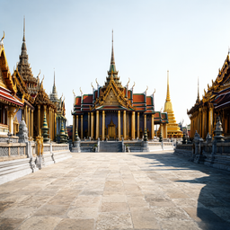Location Prompt: Grand ancient Thai palace courtyard exterior, bright daytime. Magnificent traditional Thai architecture