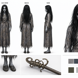 Professional film character reference sheet (model sheet) on a clean white studio background, photorealistic, even soft 