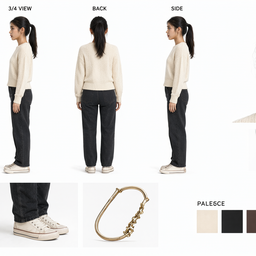 Professional film character reference sheet (model sheet) on a clean white studio background, photorealistic, even soft 