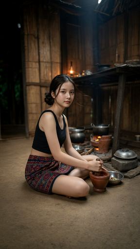 Create an original, newly composed image based on this scene description: A woman is sitting on the floor. She is wearin