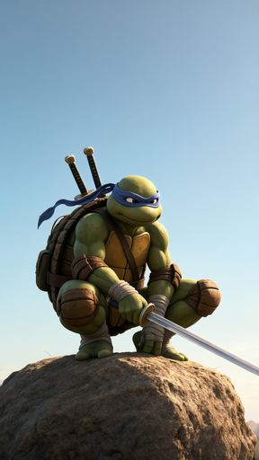 Create an original, newly composed image based on this scene description: A cartoon image of a teenage mutant ninja turt