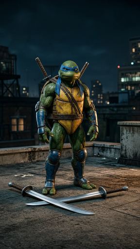 Create an original, newly composed image based on this scene description: A green turtle is standing on the ground. Ther