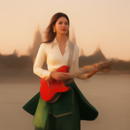 A full-body editorial photograph of a Thai woman in her late twenties standing on a riverside promenade in Bangkok, conf