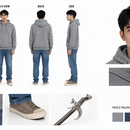 Professional film character reference sheet (model sheet) on a clean white studio background, photorealistic, even soft 