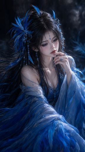 Create an original, newly composed image based on this scene description: A woman is wearing a blue dress. The woman has
