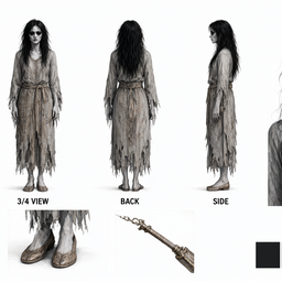 Professional film character reference sheet (model sheet) on a clean white studio background, photorealistic, even soft 
