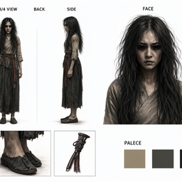 Professional film character reference sheet (model sheet) on a clean white studio background, photorealistic, even soft 