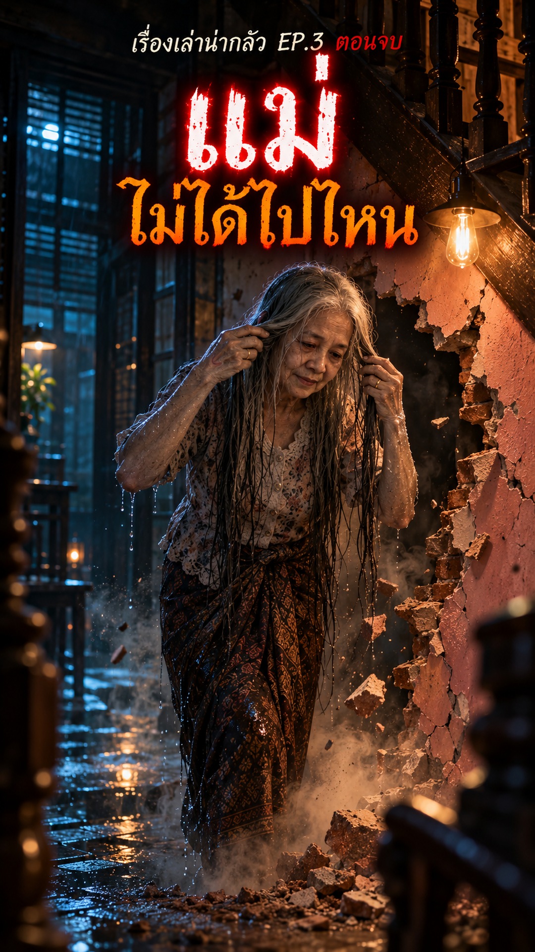 แม่ไม่ได้ไปไหน · EP 3 — แม่ไม่ได้ไปไหน (ตอนจบ)
คืนนั้นฝ้ายถือค้อน ย่องลงมาทุบผนังสีชมพูใต้บันได แต่มีคนดักรออยู่แล้ว… พร